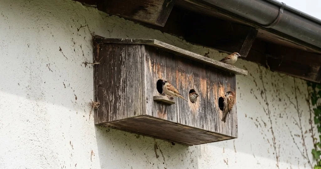 Sperlingskoloniekasten an einer Hauswand mit mehreren Einfluglöchern