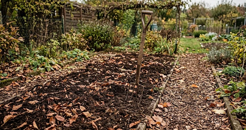 Gemüsebeet im Herbst, mit der Grabegabel gelockert und mit Kompost abgedeckt