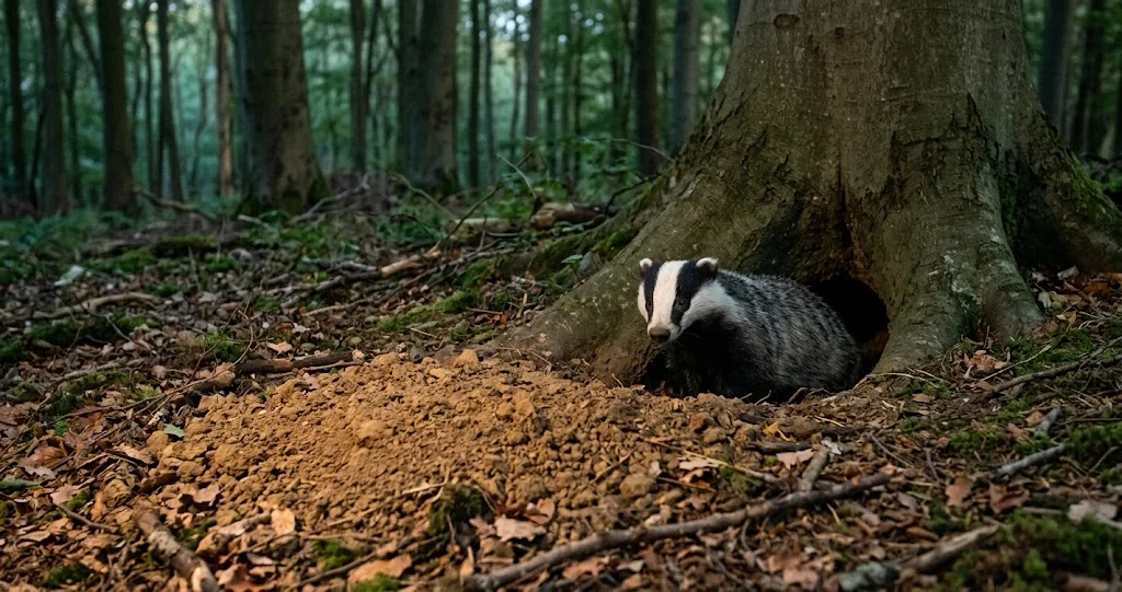 Dachs verlässt in der Dämmerung seinen Bau im Wald