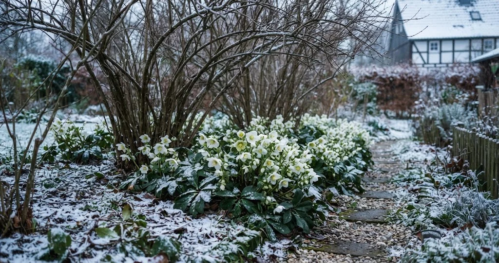 Blühende Christrosen im Schnee unter einem Laubgehölz