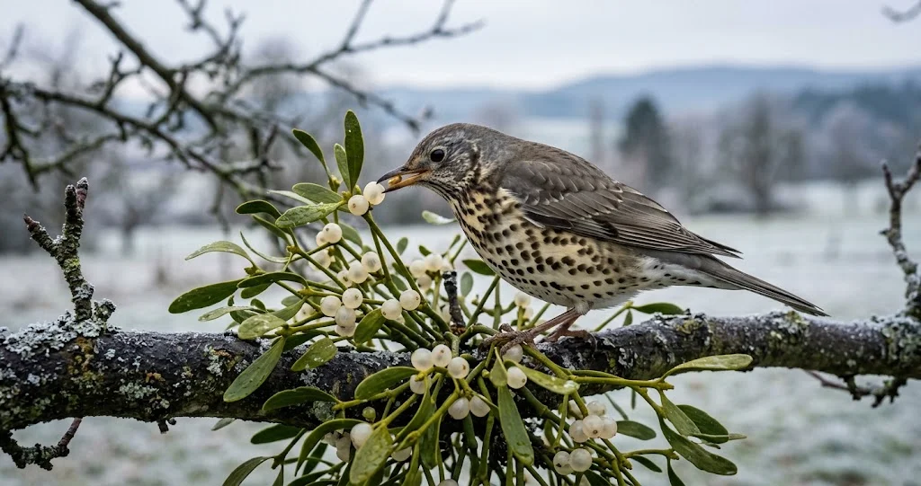 Misteldrossel frisst Mistelbeeren im Winter
