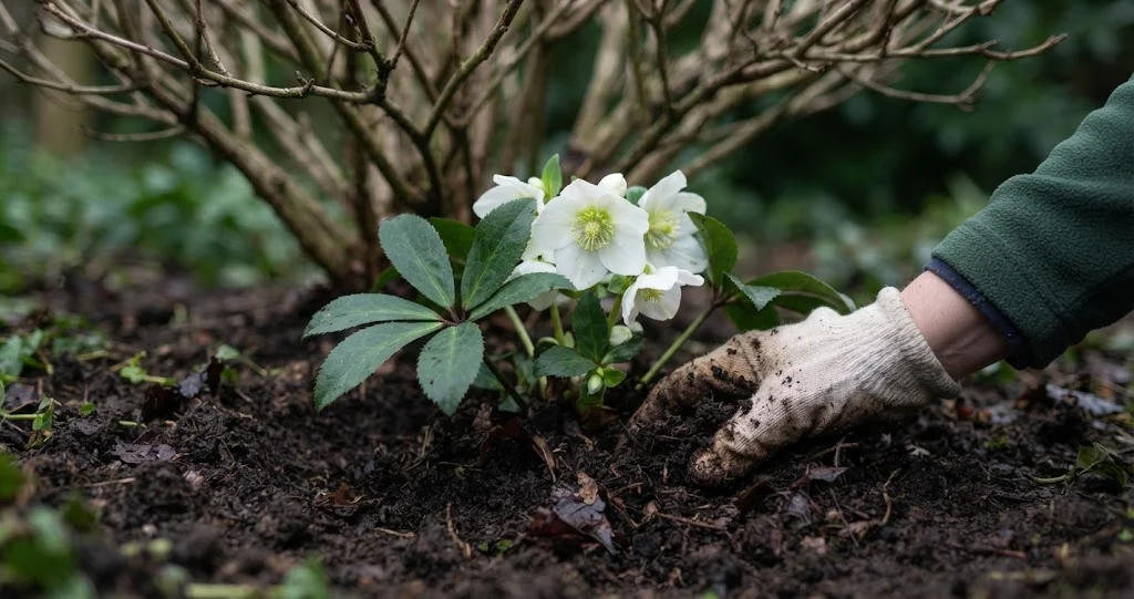 Einarbeiten von Laubkompost in den Boden rund um eine neu gepflanzte Christrose
