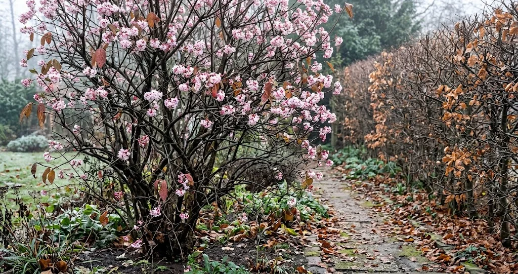 Blühender Winterschneeball mit rosa-weißen Blüten im November