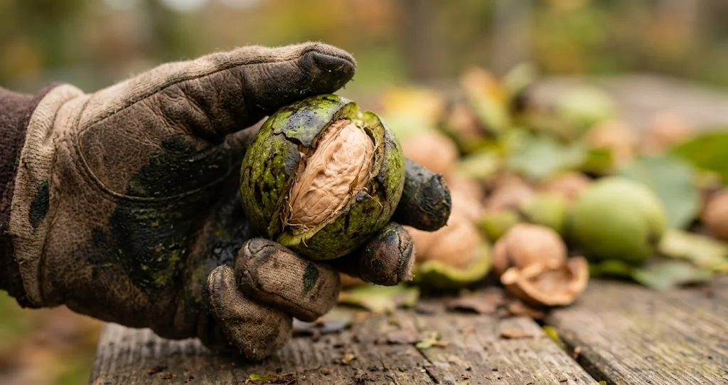 Walnuss mit aufgeplatzter grüner Schale wird mit Handschuh gehalten