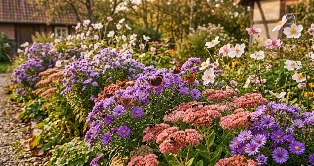 Blühende Herbstastern und Fetthenne mit Schmetterlingen im Oktober