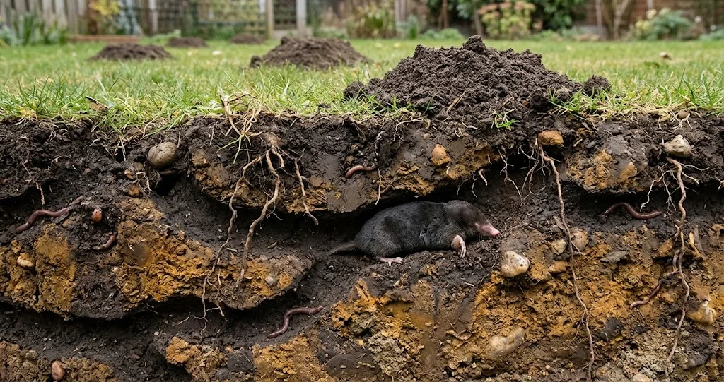 Querschnitt durch einen Maulwurfshügel mit Gängen im Boden