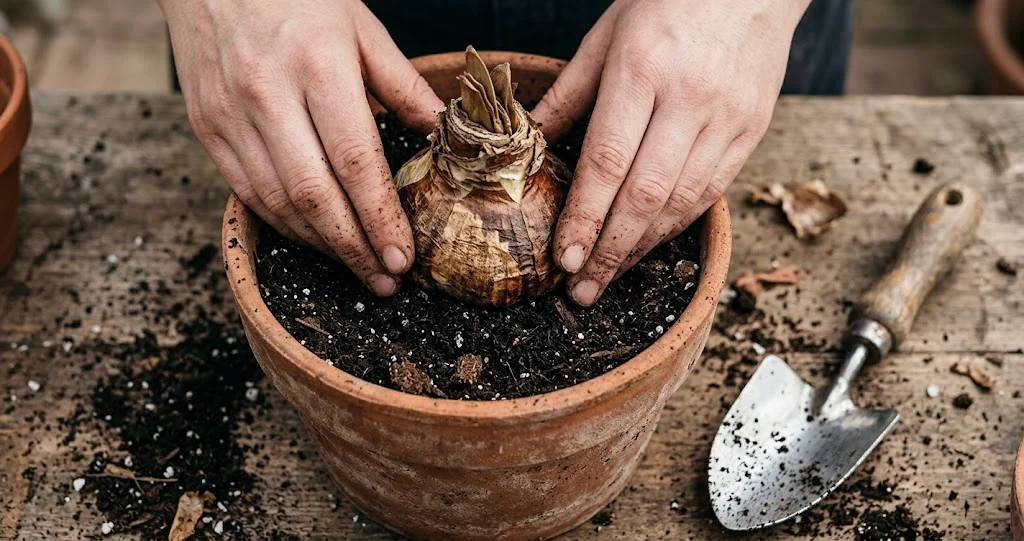 Amaryllis-Zwiebel wird zur Hälfte in einen Topf mit Erde gesetzt