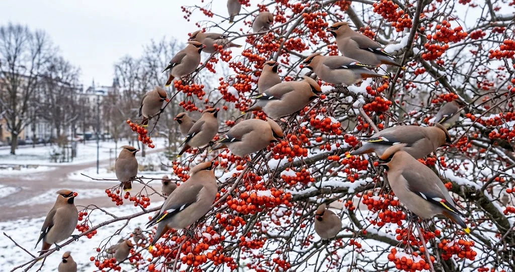 Seidenschwärme fressen Vogelbeeren im Winter