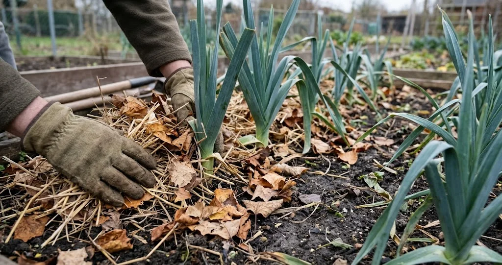 Winterporree mit einer Mulchschicht aus trockenem Laub zwischen den Pflanzen