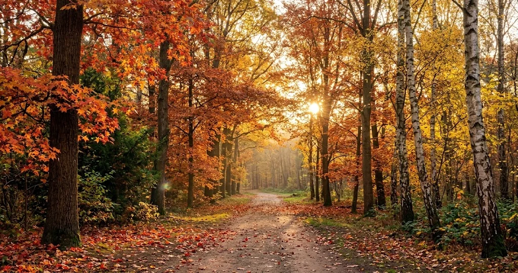 Rot, orange und gelb gefärbte Laubbäume in einem Park im Herbst