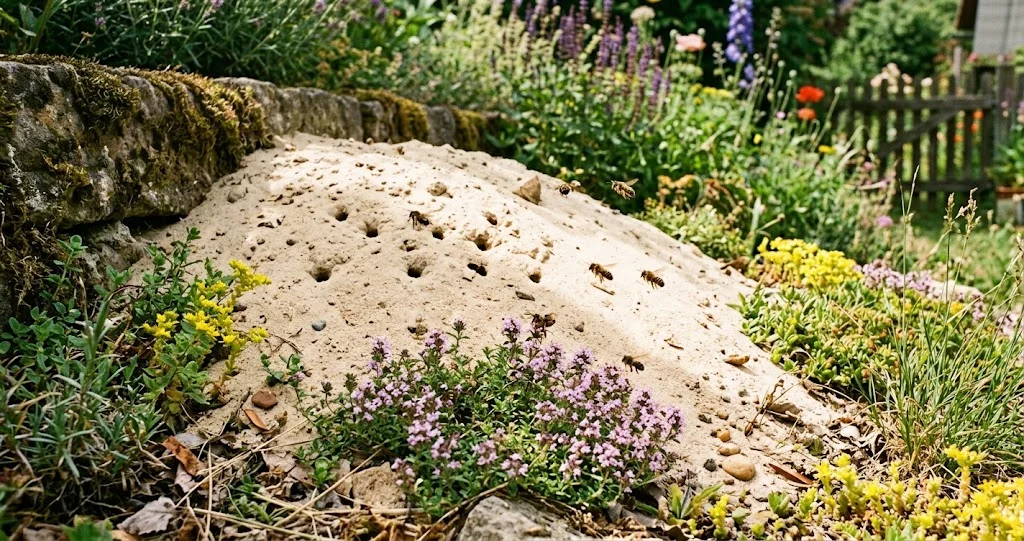 Sandarium mit Nisteingängen für Wildbienen in einem sonnigen Gartenbeet
