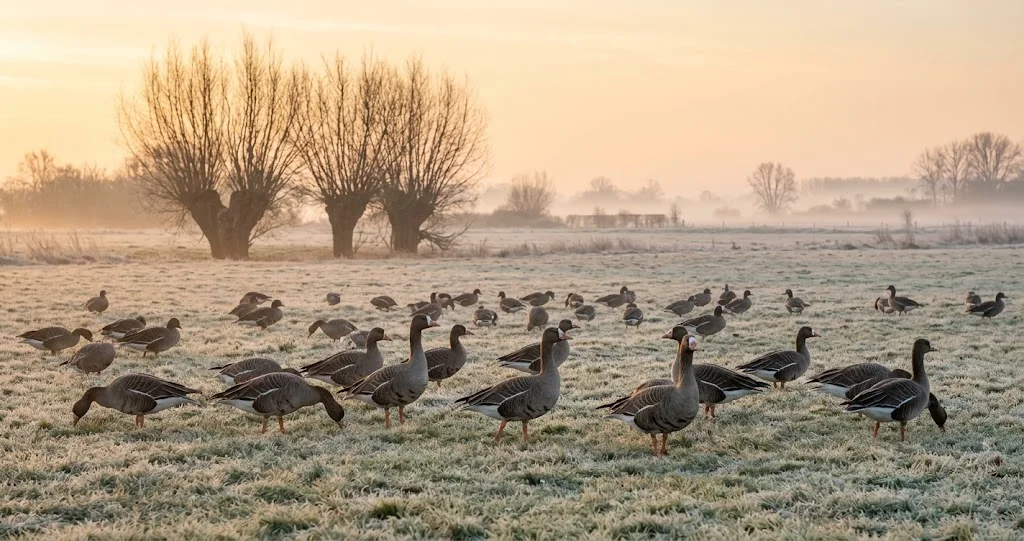 Blässgänse ziehen bei Sonnenaufgang über ein winterliches Feld