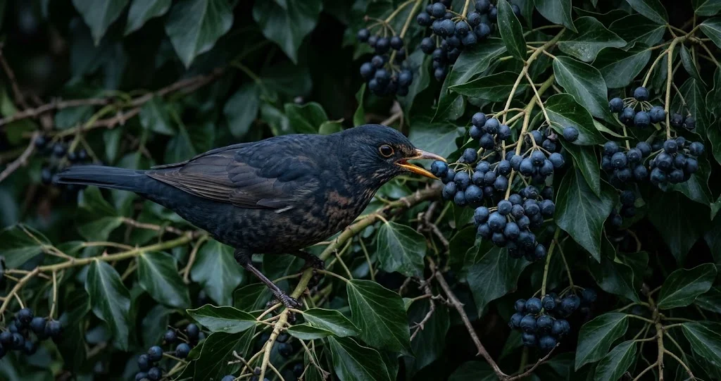 Amsel frisst Efeubeeren im Winter