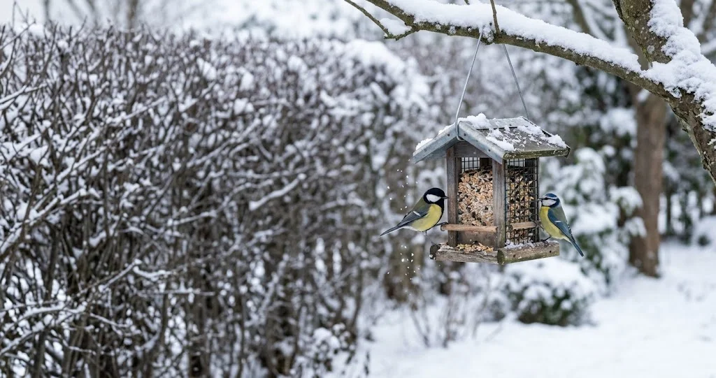 Kohlmeise und Blaumeise an einer winterlichen Futterstelle