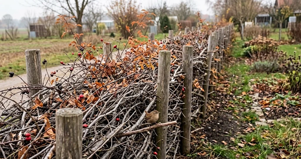 Benjeshecke aus Ästen und Zweigen zwischen zwei Pfostenreihen im Garten