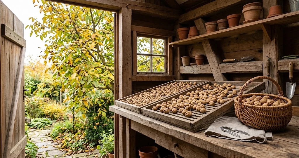 Frisch geerntete Walnüsse trocknen einlagig auf Holzgittern
