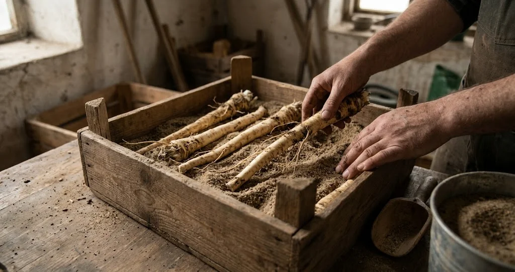Meerrettichwurzeln werden in einer Holzkiste mit feuchtem Sand gelagert