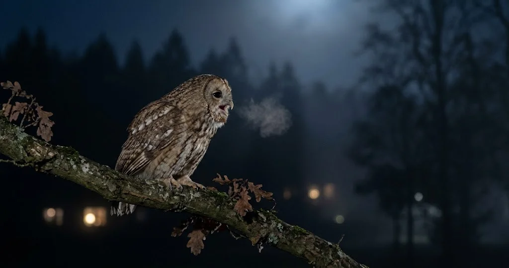 Waldkauz mit geöffnetem Schnabel beim Rufen in der Nacht