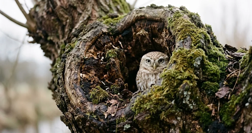 Höhle in einer alten Kopfweide mit Moos und Totholz