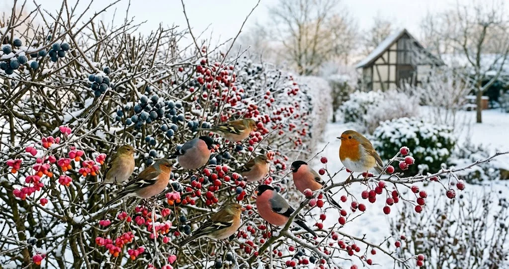 Vogelschutzhecke mit Schlehe, Weißdorn und Pfaffenhütchen im Winter