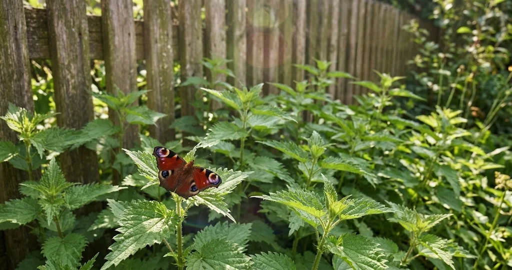 Brennnesselbestand in einer sonnigen Gartenecke mit Schmetterling
