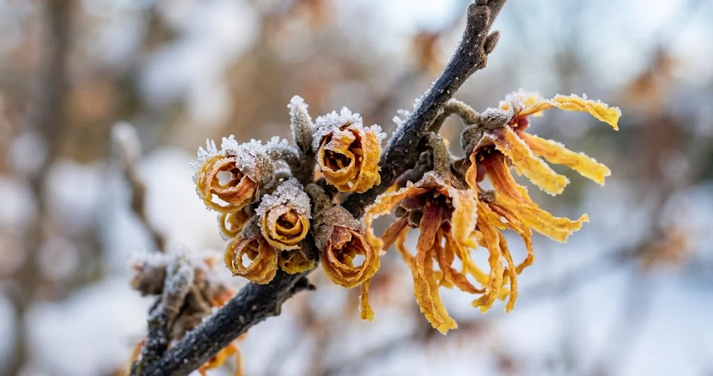 Eingerollte Zaubernussblüten bei Frost