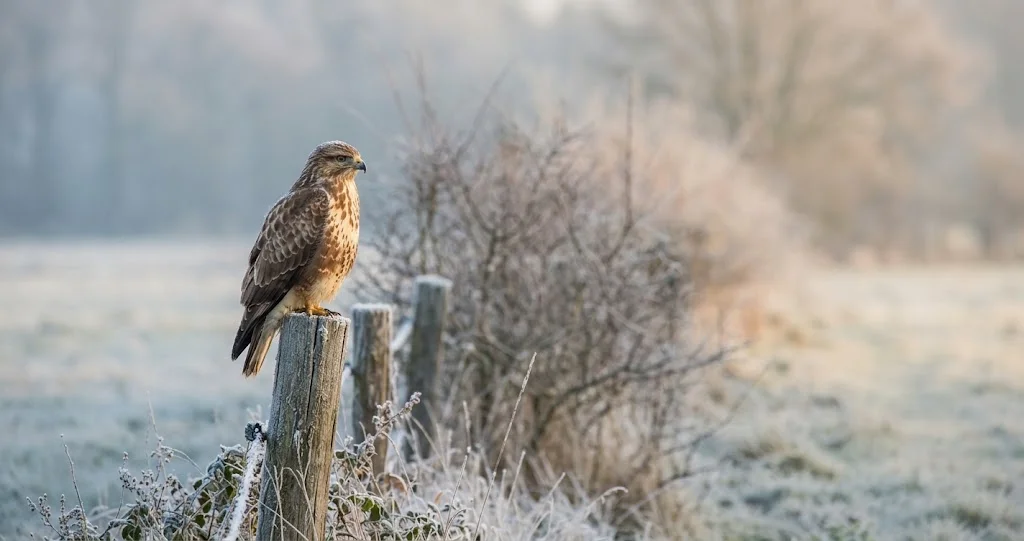 Mäusebussard sitzt im Winter auf einem Zaunpfahl am Feldrand