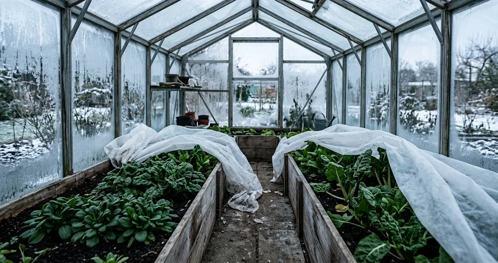 Wintergemüse im ungeheizten Gewächshaus mit Frost an den Scheiben