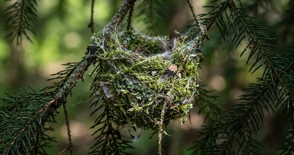 Nadelzweig mit einem kleinen hängenden Moosnest