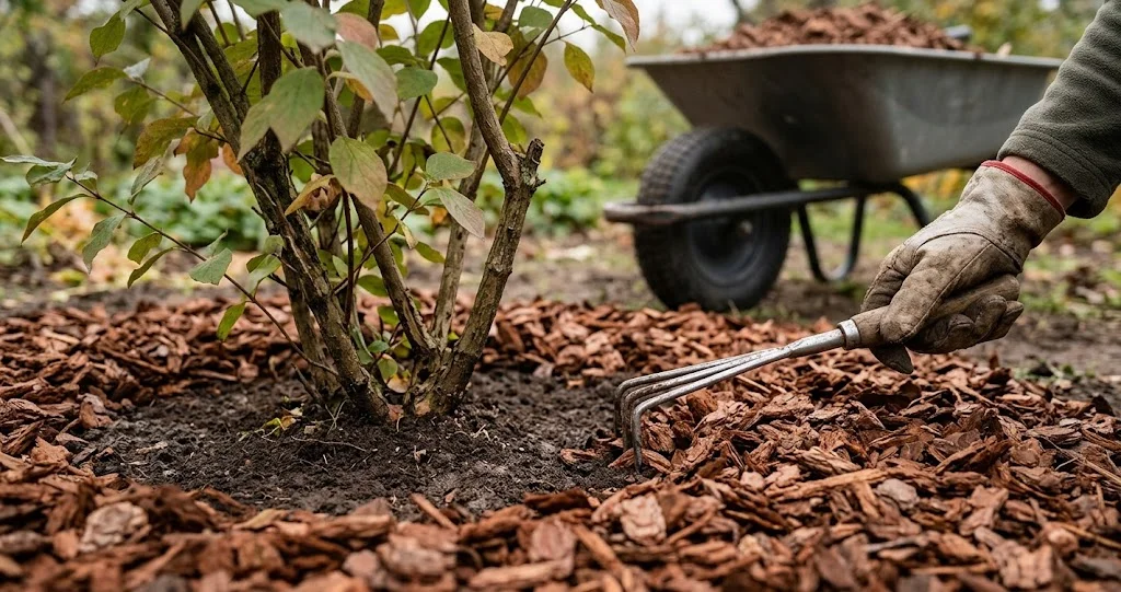 Rindenmulch rund um einen Strauch mit freiem Abstand zum Stamm