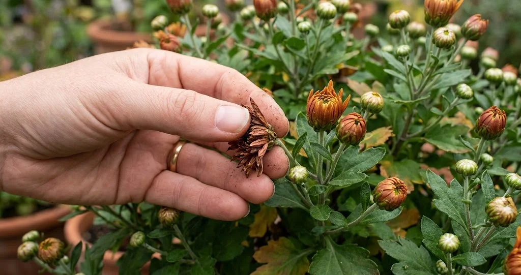 Verblühte Chrysanthemenblüte wird ausgeputzt
