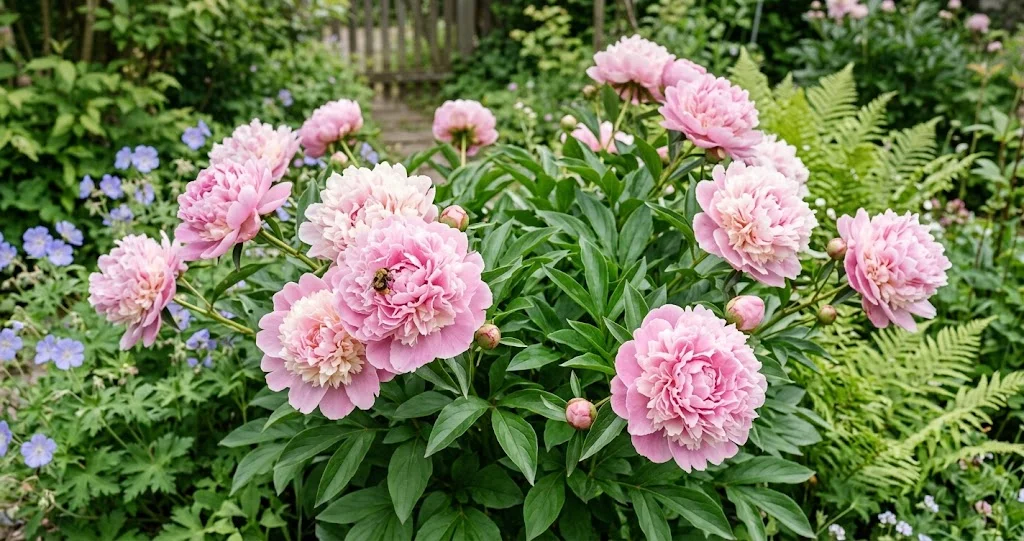 Blühende Staudenpfingstrose mit großen rosa Blüten im Garten