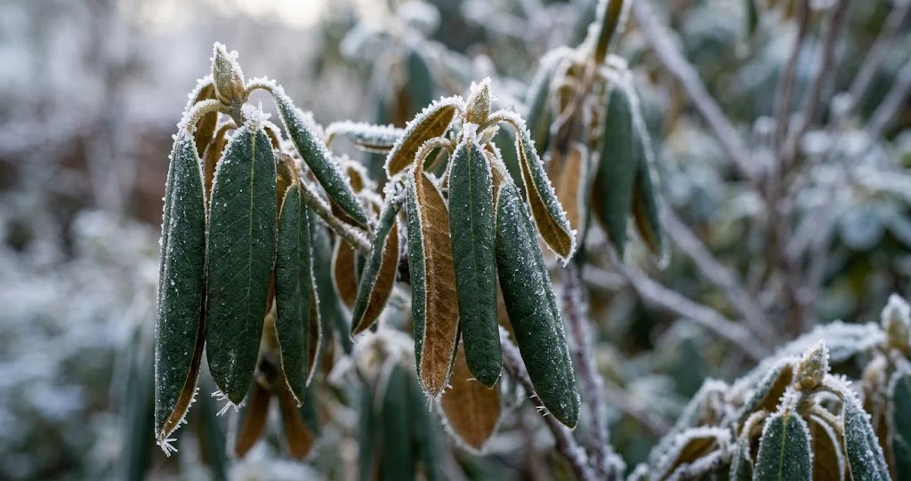 Eingerollte Rhododendronblätter an einem frostigen Morgen im Detail
